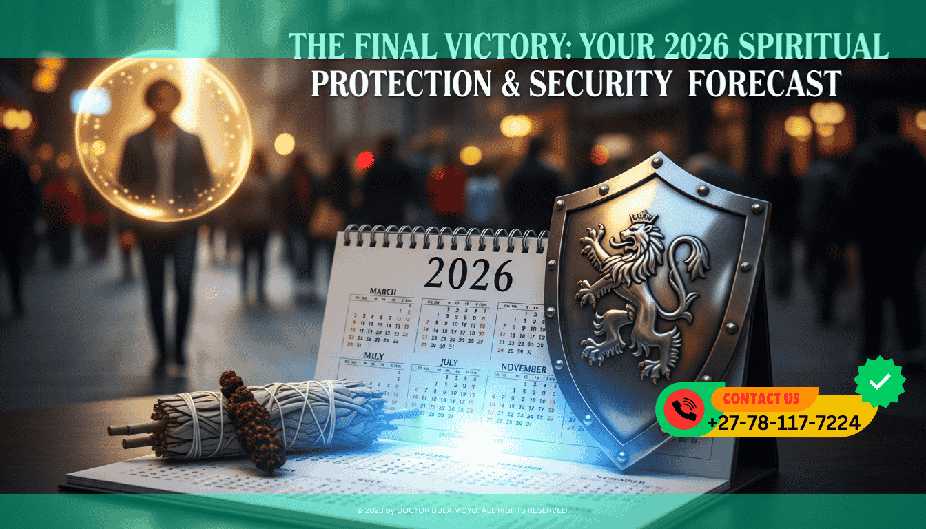 A 2026 calendar where certain months are highlighted in a protective blue aura. Over the calendar sits a silver shield and a bundle of dried sage and imphepho.