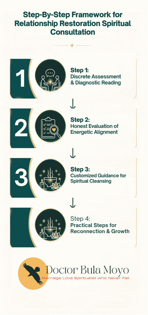 A Consultation-First Approach to Relationship Restoration, illustrating a sequential diagnostic process connected by downward-pointing arrows