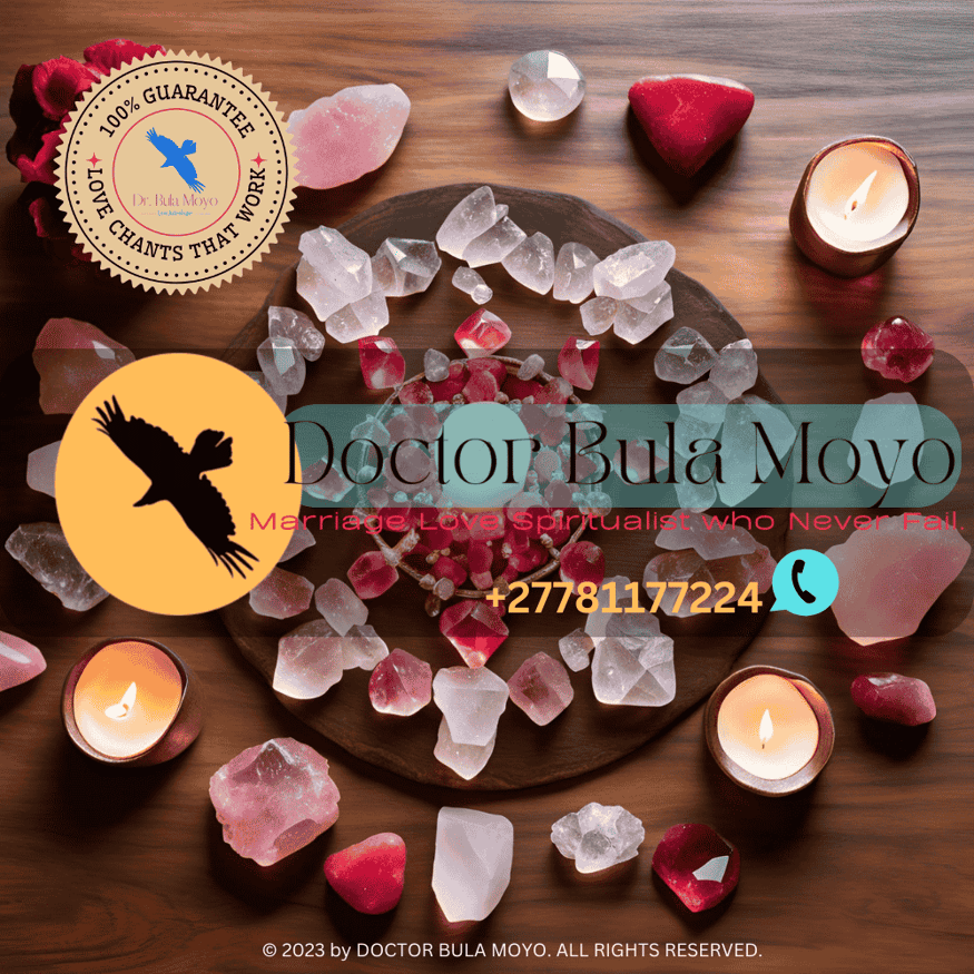 A love spell ritual setup with candles and crystals.
