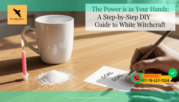A clean, kitchen-table setup. A simple white mug of water, a small pile of common table salt, and a single birthday candle. A hand is shown writing a goal on a small piece of plain white paper.