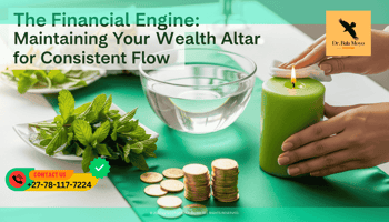 A clean, vibrant altar with a green silk runner. On it sit fresh mint leaves, a bowl of clear water, and a stack of gold coins. A green pillar candle is being polished with a cloth.