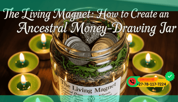 A clear glass jar filled with layers of green herbs, shiny coins, and a small piece of pyrite. Around the jar are eight green tealight candles.