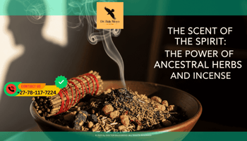 A close-up of a rustic clay bowl containing a mixture of dried African herbs, resins, and a bundle of Imphepho. A thin, curling trail of white smoke rises from the bowl.