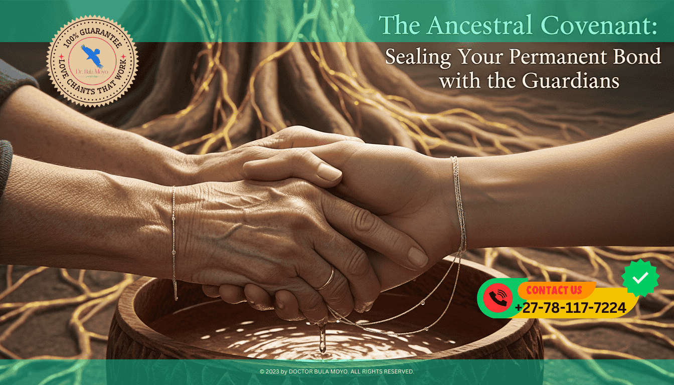 A close-up of two hands—one aged and wise, one young and strong—clasping over a bowl of sacred water. A silver thread is wound around both wrists, connecting them.