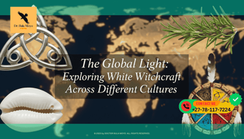 A collage of diverse spiritual symbols a silver Celtic knot, an African cowrie shell, a Native American medicine wheel, and a sprig of Mediterranean rosemary.