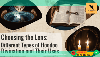 A collage showing a person peering into a bowl of blue-tinted water, a hand holding a Bible with a key protruding from it, and a lit candle reflecting in a mirror.