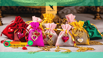 A collection of love charms in red, pink, gold, and green pouches arranged on an altar. (1)