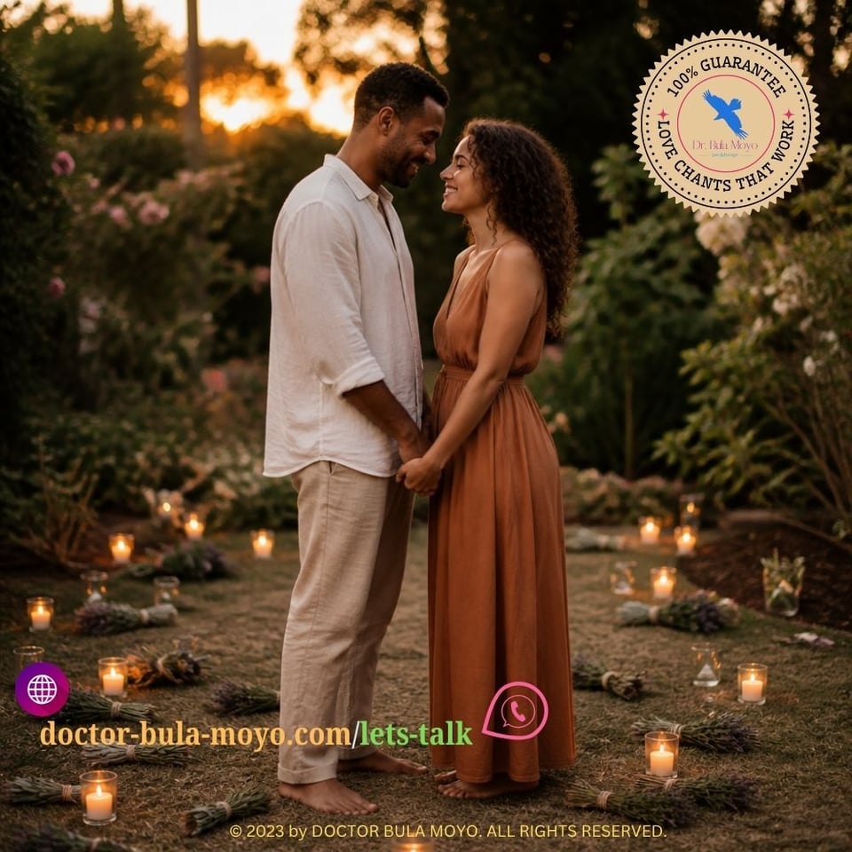 A couple holding hands at sunset, standing together in a peaceful garden surrounded by candles and sacred herbs, symbolizing renewed love and spiritual harmony