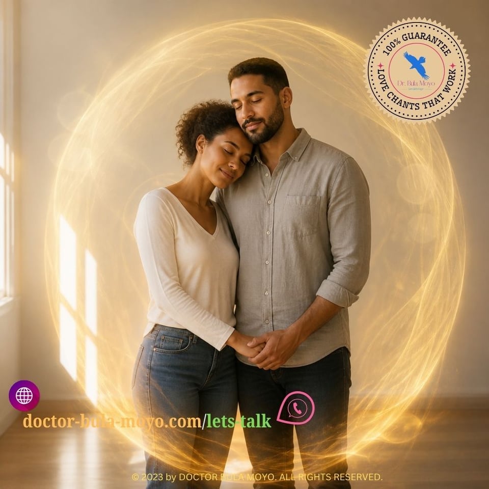 A couple standing together surrounded by a gentle protective golden light, symbolizing spiritual protection and harmonious energy shielding their relationship from external interference