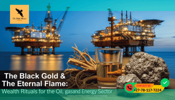 A dramatic shot of an offshore oil rig at twilight, its lights reflecting in the dark water. In the foreground, a glass of crude oil sits next to a heavy piece of Pyrite and a bunch of High John t