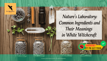 A flat-lay photograph on a rustic wooden table. It features small glass jars of dried lavender and rosemary, a clear quartz point, a stick of cinnamon, and a small amber bottle of essential oil.