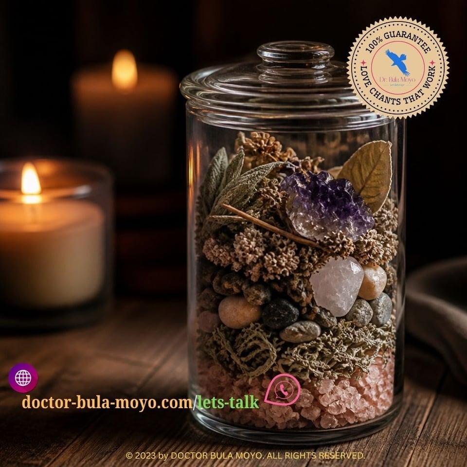A glass jar filled with layered protective herbs, crystals, and natural elements resting on a wooden surface, surrounded by soft candlelight that illuminates the carefully arranged spiritual ingre
