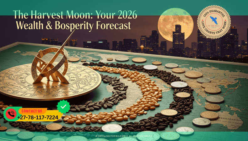 A golden sundial casting a long shadow over a map made of green silk. Surrounding the dial are various seeds and coins arranged in a spiral.