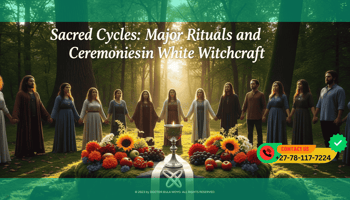 A group of people standing in a circle in a lush forest clearing at sunset, holding hands. In the center is a low stone altar covered in seasonal flowers and fruit.