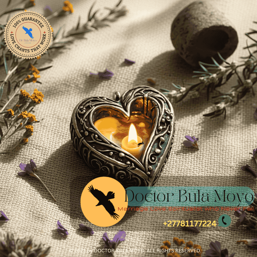 A handmade love charm glowing on a ceremonial cloth surrounded by herbs.