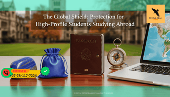 A high-end leather passport holder resting on a wooden desk next to a modern laptop and a compass.