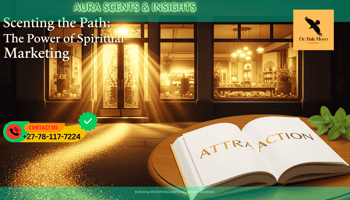 A high-end storefront with a glowing golden aura. In the foreground, a trail of shimmering gold dust leads toward the door. An open book with the word ATTRACTION