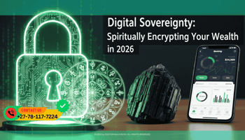 A high-tech digital lock icon glowing in neon green, overlaid with a protective spiritual seal (Sigil). A piece of Black Tourmaline sits next to a smartphone displaying a banking app.