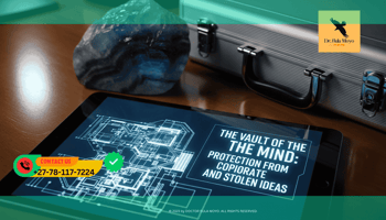 A high-tech digital tablet showing a complex blueprint, glowing with a soft blue light, resting on a desk next to a piece of Fluorite and a locked silver briefcase.