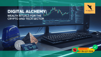 A high-tech setup featuring a glowing curved monitor displaying live crypto charts and code. Next to the keyboard sits a polished piece of Lapis Lazuli and a small copper pyramid.