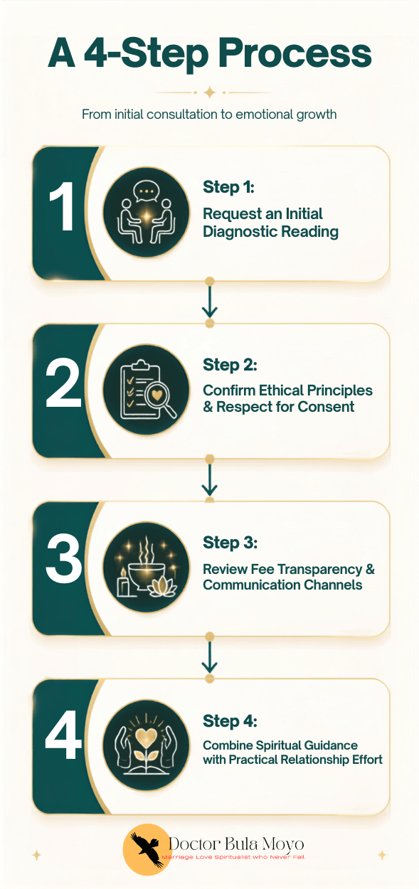 A linear flowchart diagram displaying a four-step process arranged vertically, with downward-pointing arrows connecting each successive step-1