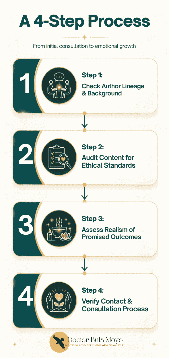 A linear flowchart diagram showing a sequential four-step evaluation process connected by downward-pointing vertical arrows.