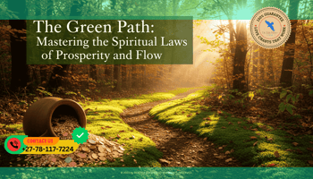 A lush green path winding through a golden forest. At the start of the path is a traditional clay pot overflowing with grains and copper coins. The sunlight is bright and encouraging.