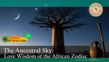 A majestic Baobab tree silhouetted against a deep indigo night sky filled with bright, oversized stars. In the foreground, a traditional clay pot and a wooden staff. (2)