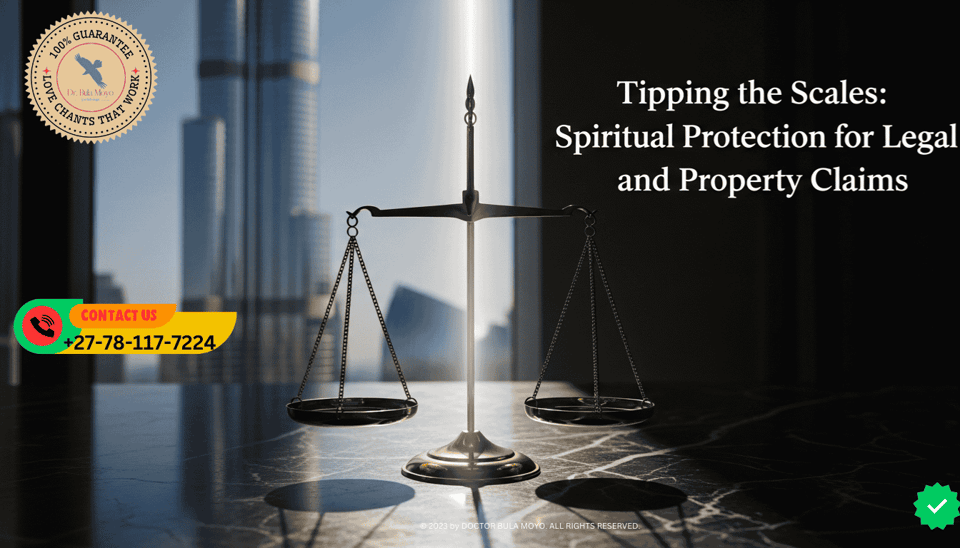 A majestic view of a traditional scale of justice made of polished brass, sitting on a dark marble surface with a backdrop of a modern Burj-style skyscraper. A small, focused beam of light hits th