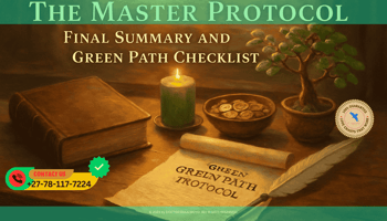 A master’s desk featuring a leather-bound ledger, a green pillar candle, a bowl of gold coins, and a small jade tree. (1)
