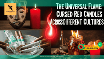 A montage of three ritual scenes A wooden African mask next to a red candle; a dish of Florida Water and cigars from the Caribbean; and a Hoodoo honey.