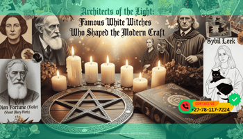 A montage of vintage photographs and sketches of notable spiritual figures from the 20th century. In the center, a large silver pentacle is surrounded by white candles.