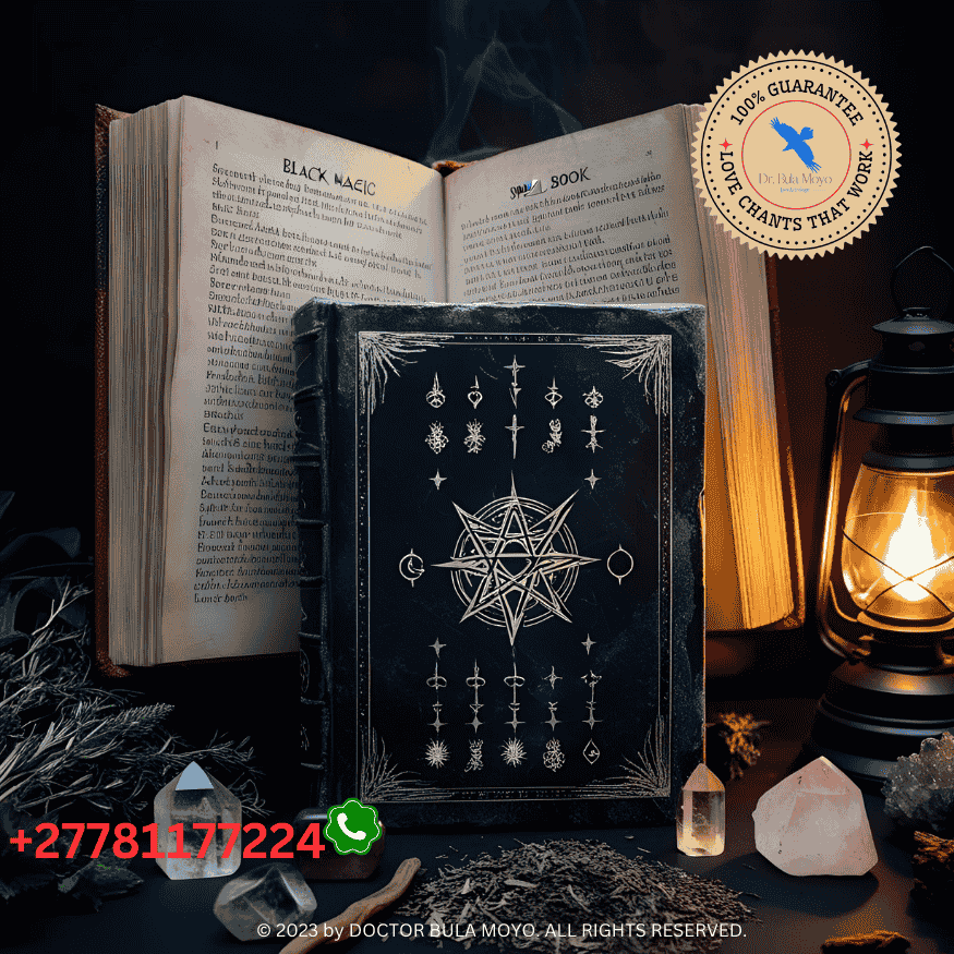 A mystical black magic spell book with dark symbols.
