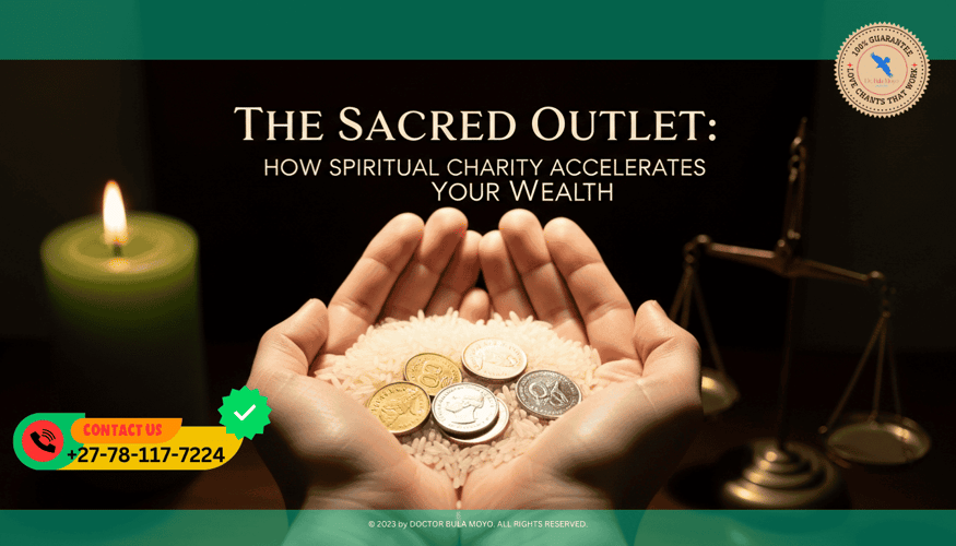 A pair of hands cupped together, holding a handful of rice and coins, extending them forward into the light. In the background, a green candle and a golden scale represent balance.