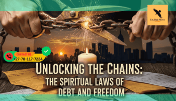 A pair of hands holding a thick, rusted chain that is being cut by a golden pair of shears. Scattered on the table below are old invoices and a single white candle.