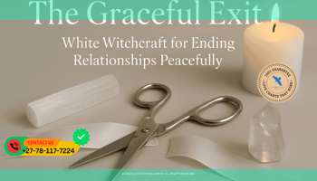 A pair of silver scissors resting on a white silk ribbon that has been neatly cut in half. One half of the ribbon lies next to a piece of Selenite