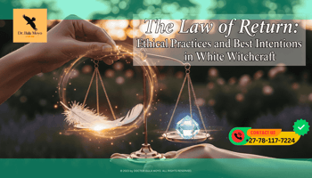 A pair of steady hands holding a balance scale made of light. On one side sits a white feather, and on the other, a glowing crystal. The background is a serene garden at twilight.