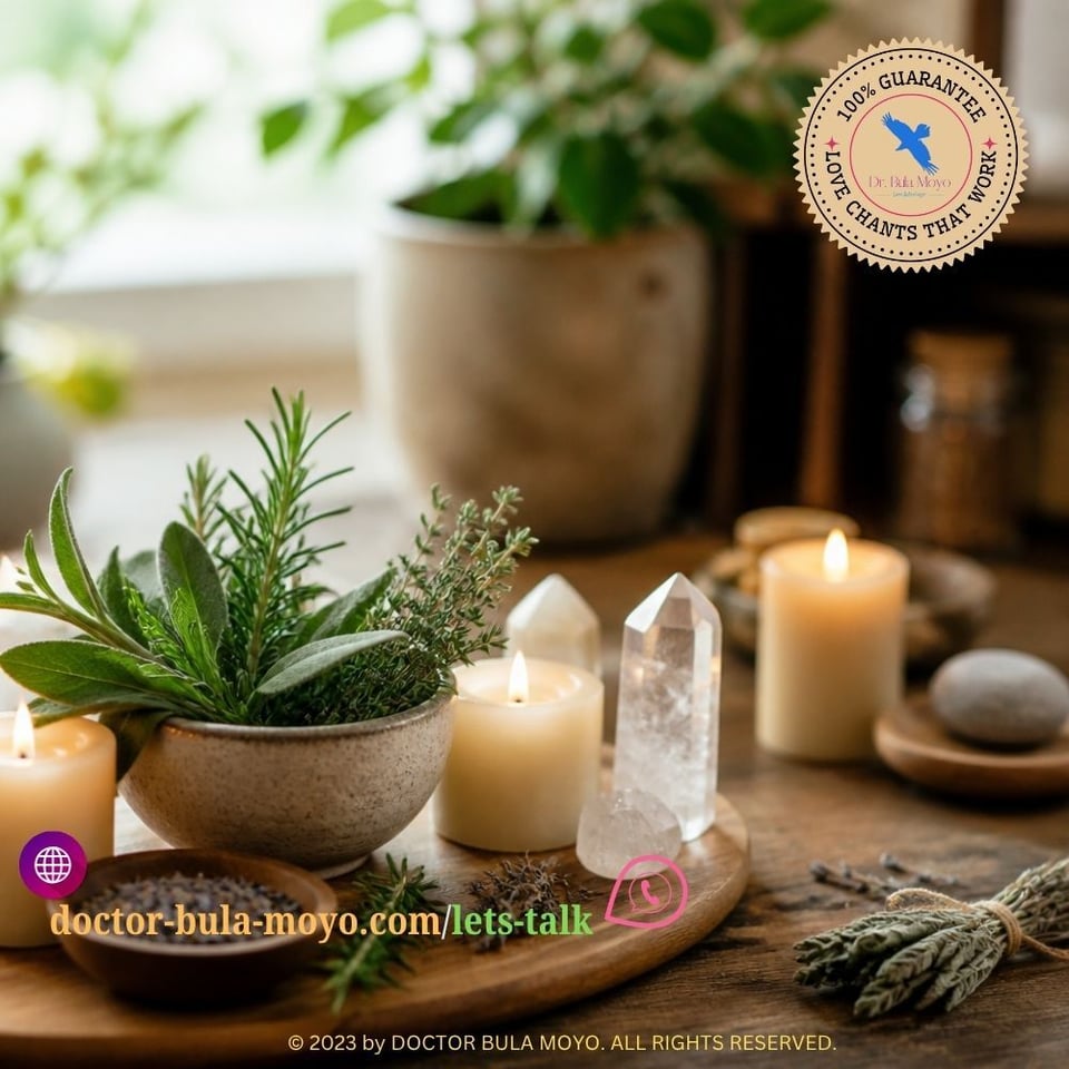 A peaceful ritual setting with natural elements like herbs, candles, and crystals arranged intentionally to symbolize spiritual alignment and prosperity energy flowing into daily life (1)