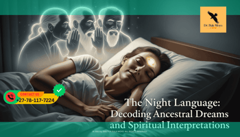 A person sleeping peacefully in a bed of white linen. Floating above them are soft, ethereal silhouettes of elders whispering into their ear.