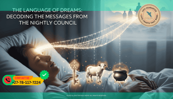 A person sleeping peacefully in a bed of white linen. Floating above them are translucent, glowing symbols a golden key, a white cow, and an old iron pot.