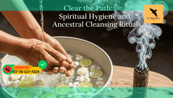 A person’s hands are being washed over a large ceramic bowl filled with water, white flower petals, and sliced limes. A bundle of burning Imphepho (traditional incense) sits nearby