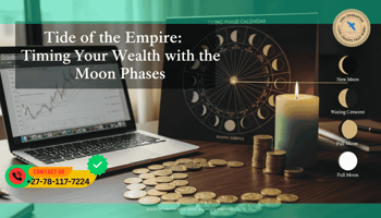 A professional desk with a laptop and a moon phase calendar. A green candle is burning at different heights next to symbols of the New Moon, Waxing Moon, and Full Moon.