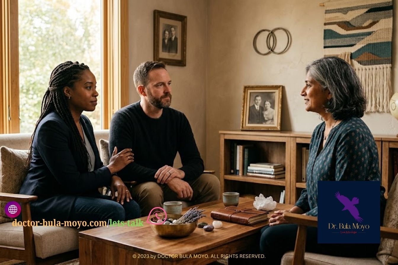 A professional-looking U.S. couple sitting together during a calm spiritual relationship consultation, with a compassionate spiritual counselor across from them, subtle symbols of marriage, communication, trust, and ancestral wisdom, warm natural lighting, sophisticated and trustworthy rather than mystical or sensational.