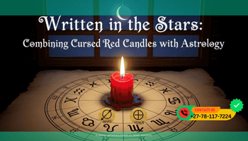 A red candle burning in the center of a hand-drawn astrological wheel on parchment paper. The symbols for Mars and Venus are highlighted in gold ink.