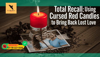 A red candle burning on a dark wooden table. Underneath the candle is a photograph of a couple, but the photo has been cut in half and then taped back together.-1