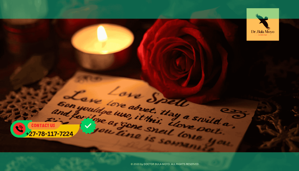 A red rose and a lit candle placed next to a handwritten love spell petition. (5)