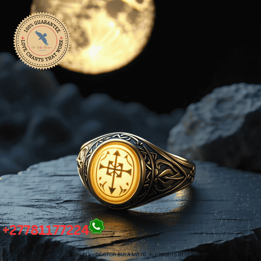 A ring engraved with a sigil, glowing softly under moonlight on a spiritual altar.