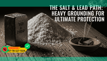 A rustic wooden table holding a pile of coarse grey sea salt and a heavy, dull metallic lead weight. A single piece of charcoal smolders in a clay dish.