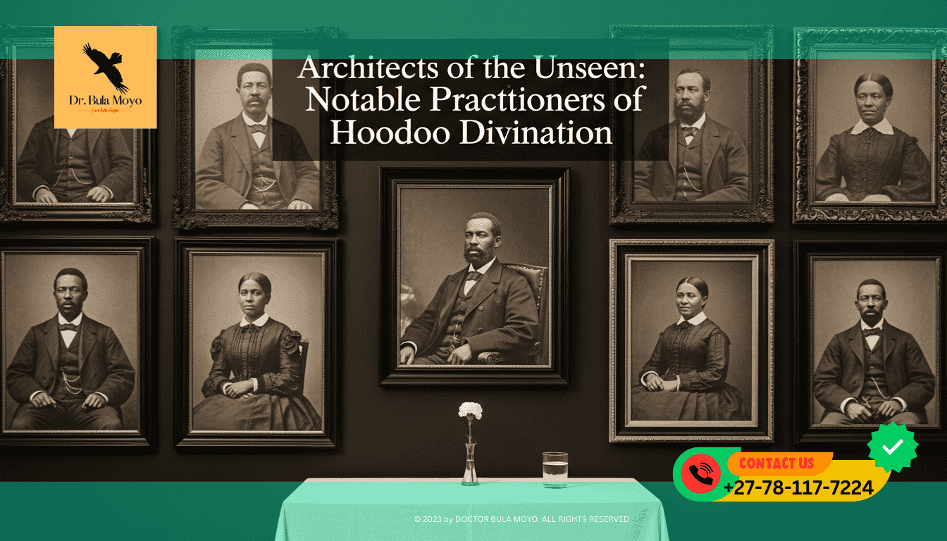 A sepia-toned gallery wall of vintage portraits of dignified African American men and women from the late 19th century. Below the frames, an altar with a white carnation and a glass of water.