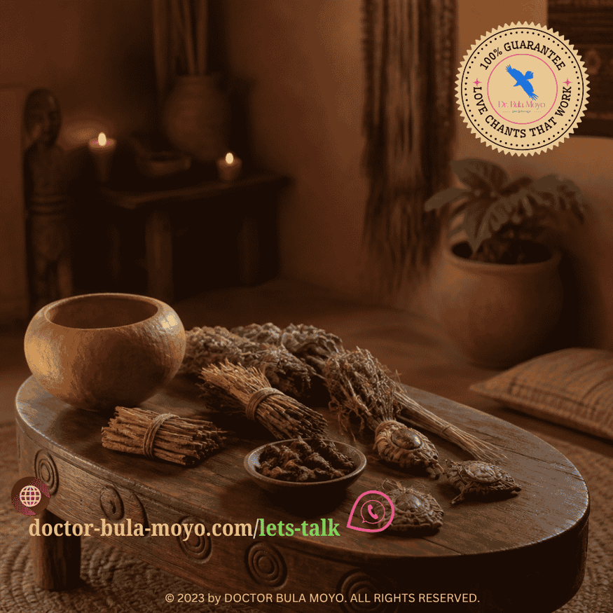 A serene consultation space featuring traditional African spiritual tools, ancestral herbs, handcrafted talismans, and gentle candlelight, conveying trust and sacred connection